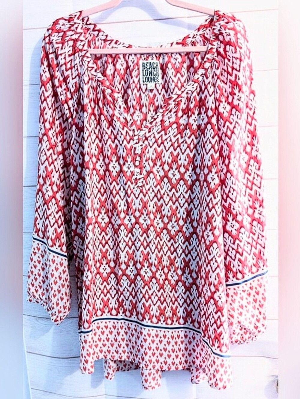 Beach Lunch Lounge Red and White Printed Boho Tunic Plus Size 3X